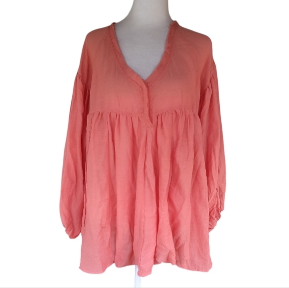 Easel Women's Coral Color Baby Doll Long Balloon Sleeve Blouse Top Size Small - Picture 1 of 8